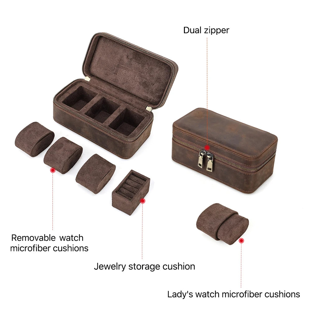 CONTACT'S FAMILY 3 Grids Genuine leather Watch Case Jewellery Travel Storage Box for Ring Earrings Cufflinks Men Women Best Gift