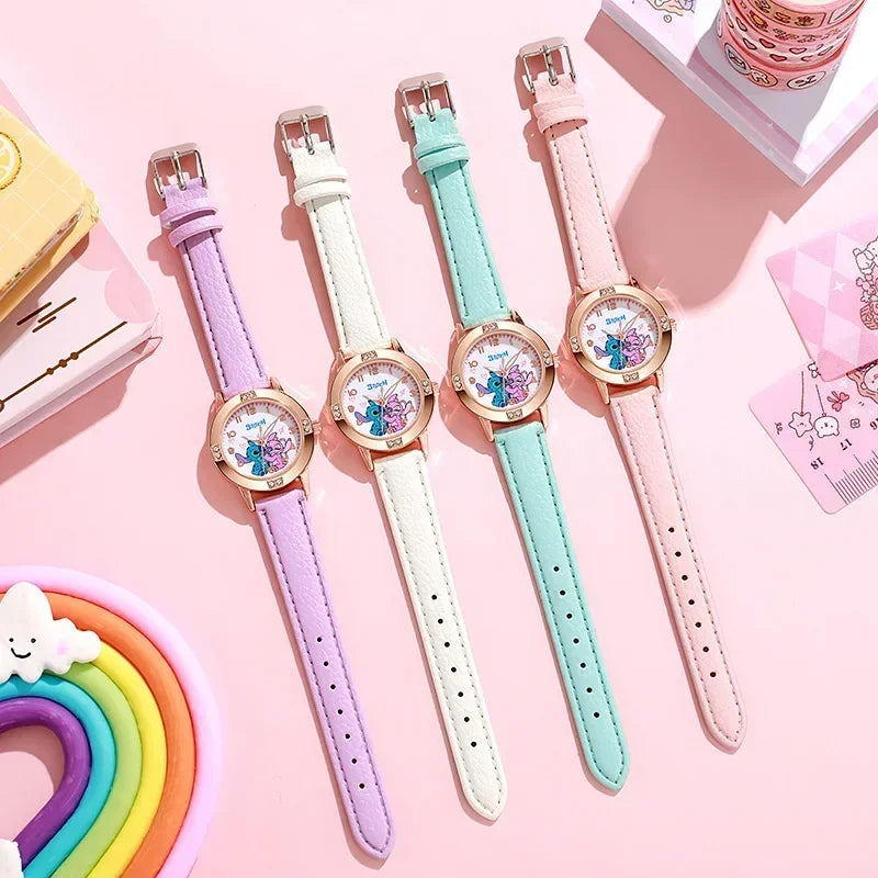 Disney Children's Watches Kids Boys Girls Cute Cartoon Stitch Imitation Diamond Wristwatch Belt Student Quartz Watch Gift