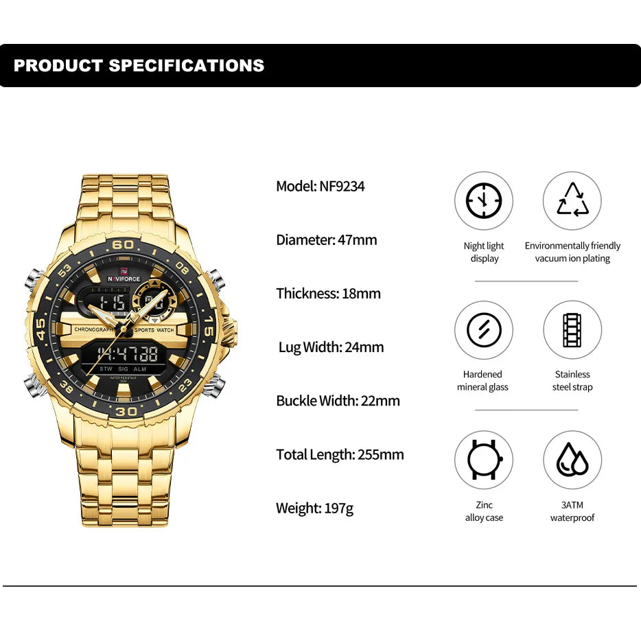 NAVIFORCE Men's Watch Luxury Waterproof Sport Chronograph Quartz Wristwatches Digital Date and Week Clock Relogio Masculino 2024