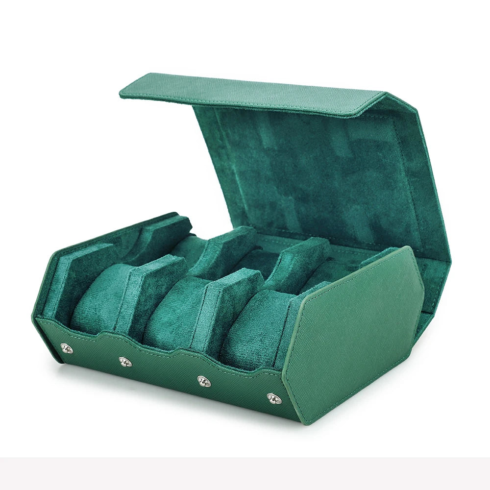 Exquisite Green Genuine Leather Hexagon Watch Display Case 2 / 3 / 4 / 6 / 8 Slots Watches Roll Box Storage Organizer Holder