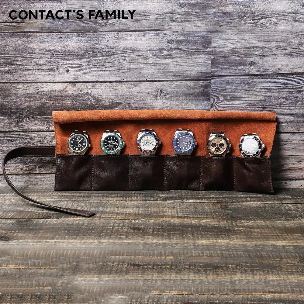 CONTACT'S FAMILY Luxury 100% Cowhide Leather 6 Slots Watches Roll Case Travel Portable Watch Holder Handmade Storage Organizer