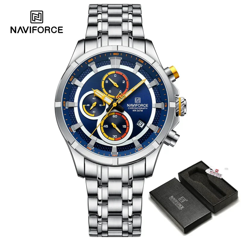 NAVIFORCE Luxury Brand Watch for Men Stainless Steel Strap Chronograph Clock Male Sport Casual Waterproof Quartz Wristwatch 2024