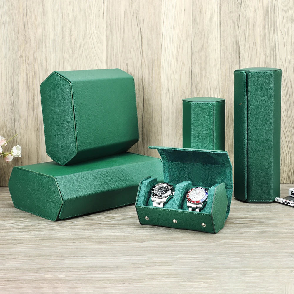 Exquisite Green Genuine Leather Hexagon Watch Display Case 2 / 3 / 4 / 6 / 8 Slots Watches Roll Box Storage Organizer Holder