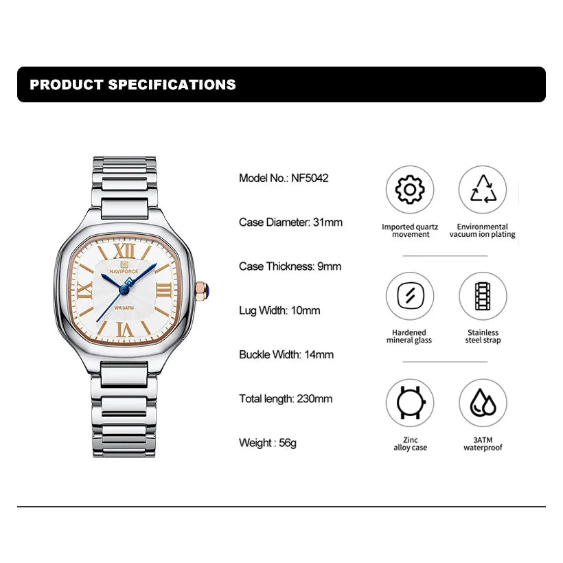 NAVIFORCE Brand Women Watch Stainless Steel Strap Waterproof Personality Fashion Female Quartz Wristwatch Relogio Feminino 2024