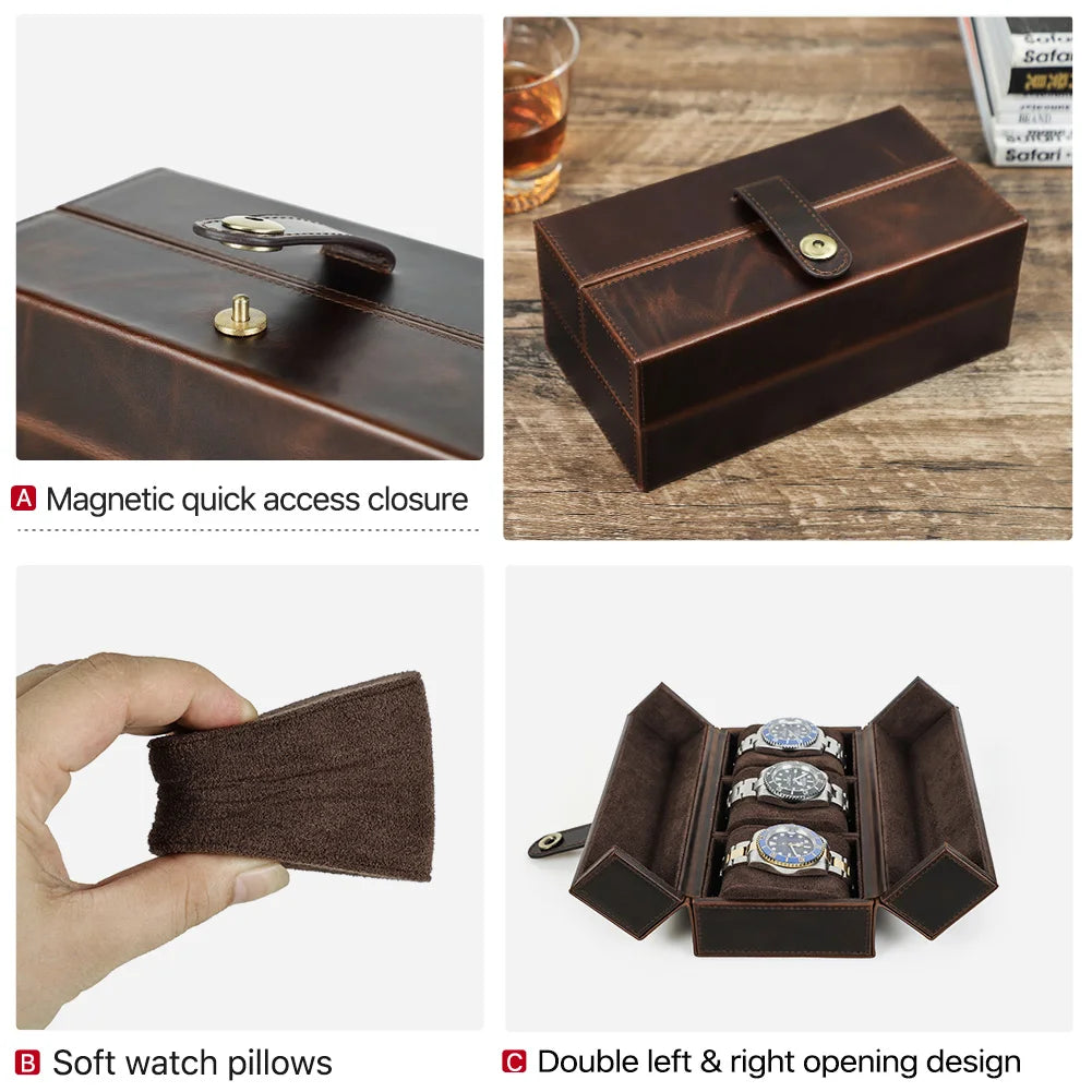 CONTACT'S FAMILY Retro Genuine Leather Luxury 3 Slots Storage Case with Metal Button Travel Portablel Protectice Watch Holder