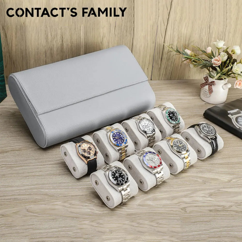 CONTACT'S FAMILY Classic Travel Storage Genuine Leather 8 Slots Watches Case Display Prevents Scratching Oxidation Watch Pouch